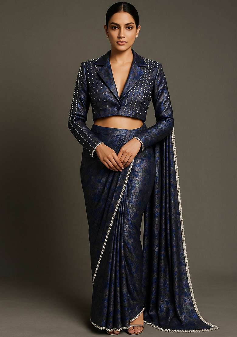 Blue Foil Print Crushed Milano Satin Pre Draped Saree Set - Indya