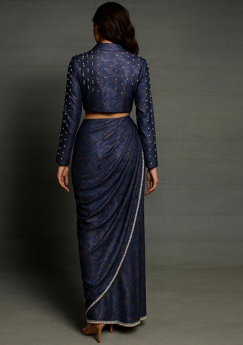 Blue Foil Print Crushed Milano Satin Pre Draped Saree Set - Indya