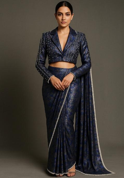 Blue Foil Print Crushed Milano Satin Pre Draped Saree Set