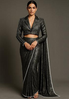 Black Foil Print Crushed Milano Satin Pre Draped Saree Set