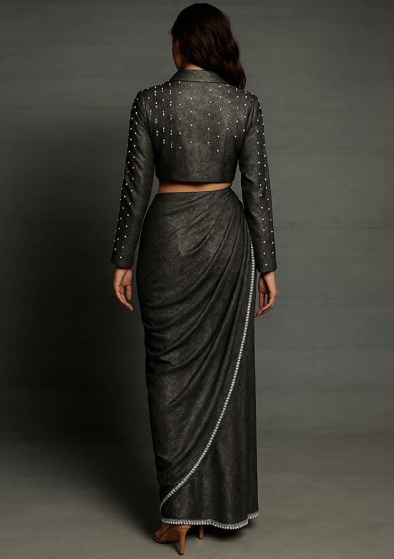 Black Foil Print Crushed Milano Satin Pre Draped Saree Set - Indya
