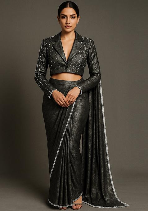 Black Foil Print Crushed Milano Satin Pre Draped Saree Set