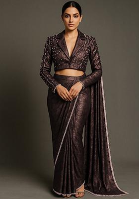 Brown Foil Print Crushed Milano Satin Pre Draped Saree Set