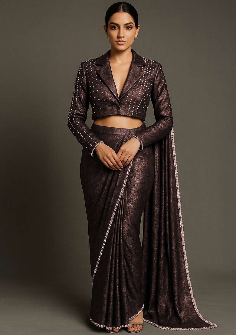 Brown Foil Print Crushed Milano Satin Pre Draped Saree Set - Indya