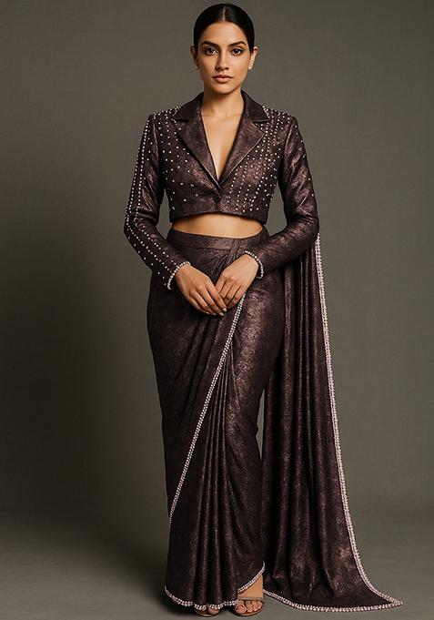 Brown Foil Print Crushed Milano Satin Pre Draped Saree Set