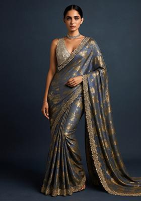 Blue Foil Print Chiffon Pre Draped Saree Set
