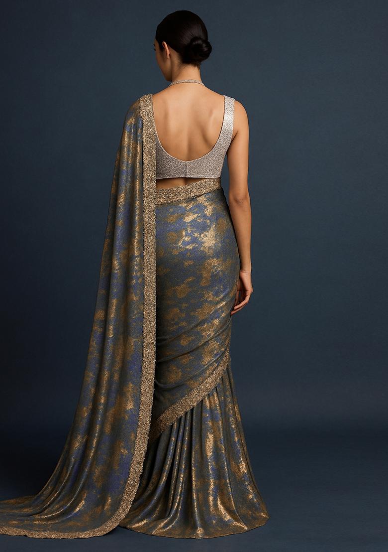 Blue Foil Print Chiffon Pre Draped Saree Set - Indya