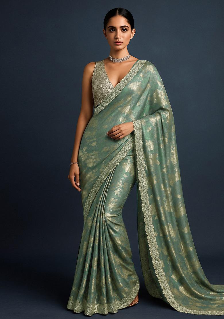 Green Foil Print Chiffon Pre Draped Saree Set