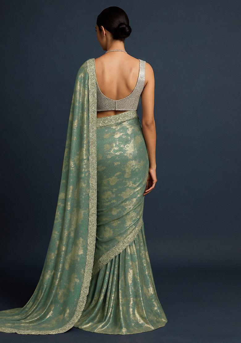 Green Foil Print Chiffon Pre Draped Saree Set - Indya