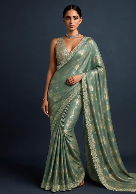 Green Foil Print Chiffon Pre Draped Saree Set