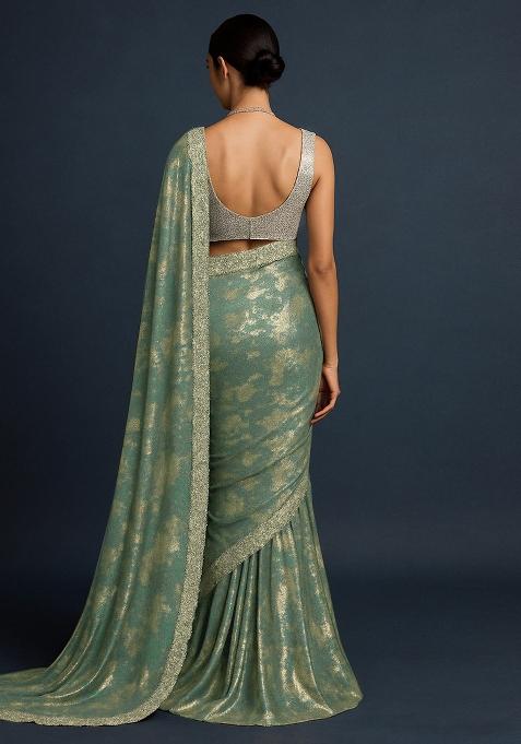 Green Foil Print Chiffon Pre Draped Saree Set