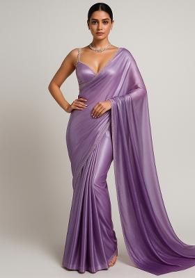 Purple Ombre Shaded With Foil Print Milano Satin Pre Draped Saree Set