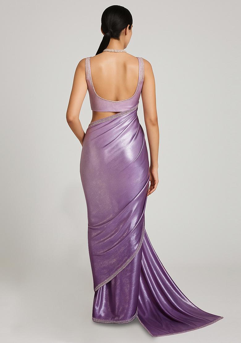 Purple Ombre Shaded With Foil Print Milano Satin Pre Draped Saree Set - Indya