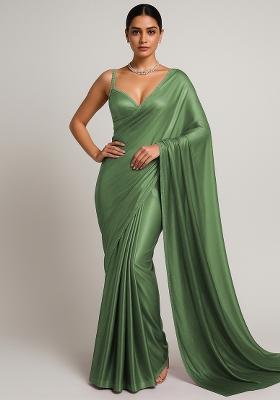 Dark Green And Cream Ombre Shaded With Foil Print Milano Satin Pre Draped Saree Set