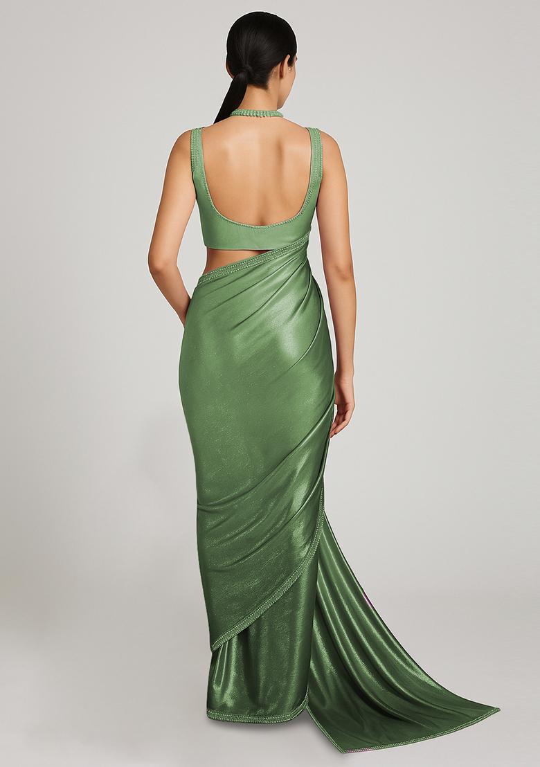 Dark Green And Cream Ombre Shaded With Foil Print Milano Satin Pre Draped Saree Set