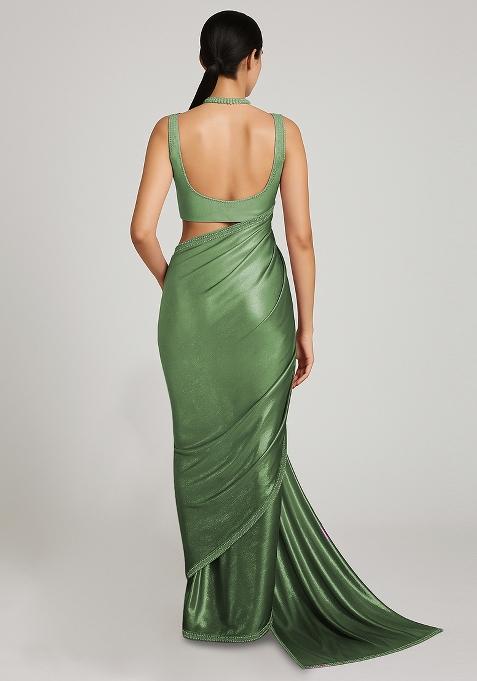 Dark Green And Cream Ombre Shaded With Foil Print Milano Satin Pre Draped Saree Set