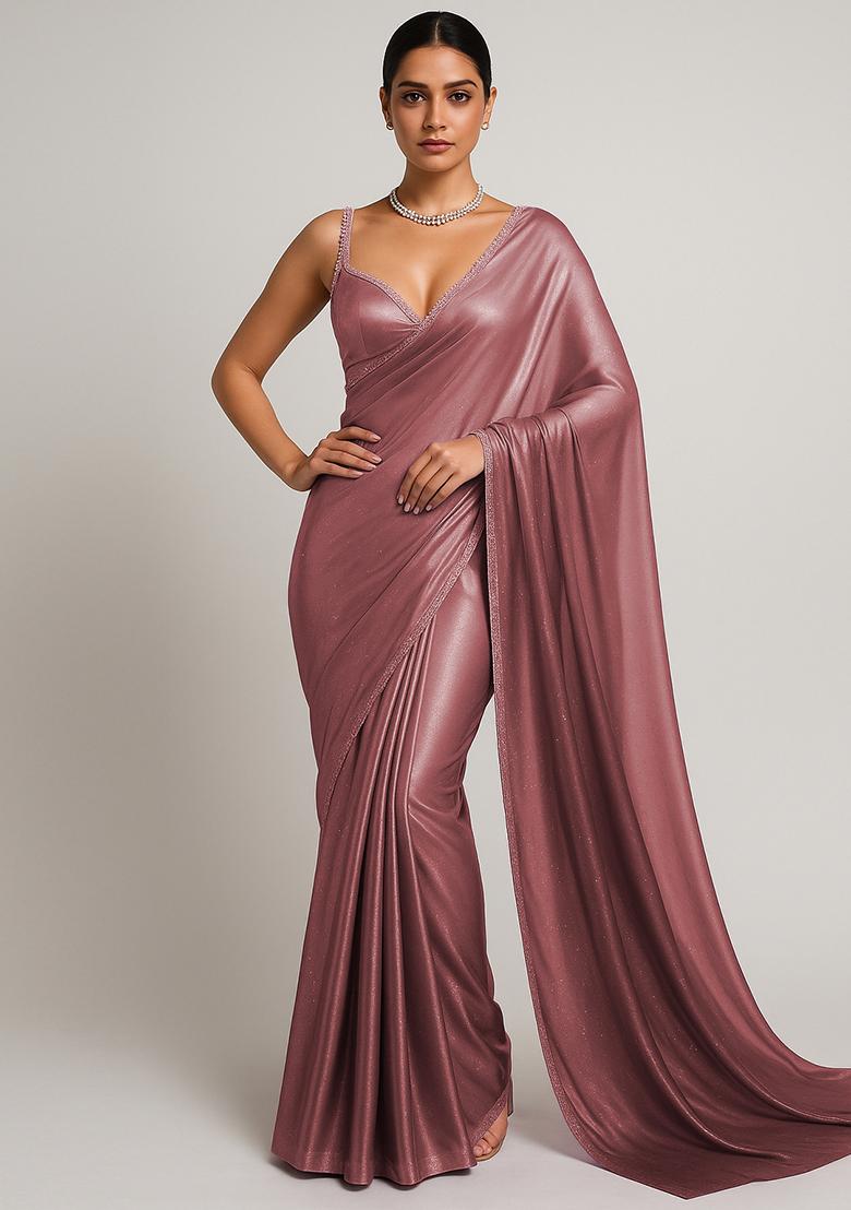 Onion Pink Ombre Shaded With Foil Print Milano Satin Pre Draped Saree Set - Indya