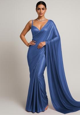 Royal Blue Ombre Shaded With Foil Print Milano Satin Pre Draped Saree Set