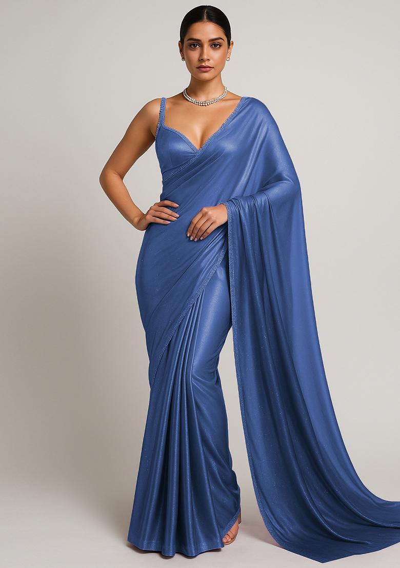 Royal Blue Ombre Shaded With Foil Print Milano Satin Pre Draped Saree Set