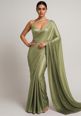 Green And Cream Ombre Shaded With Foil Print Milano Satin Pre Draped Saree Set