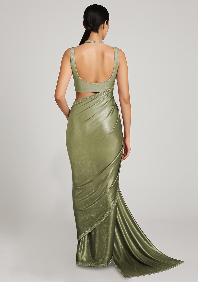 Green And Cream Ombre Shaded With Foil Print Milano Satin Pre Draped Saree Set
