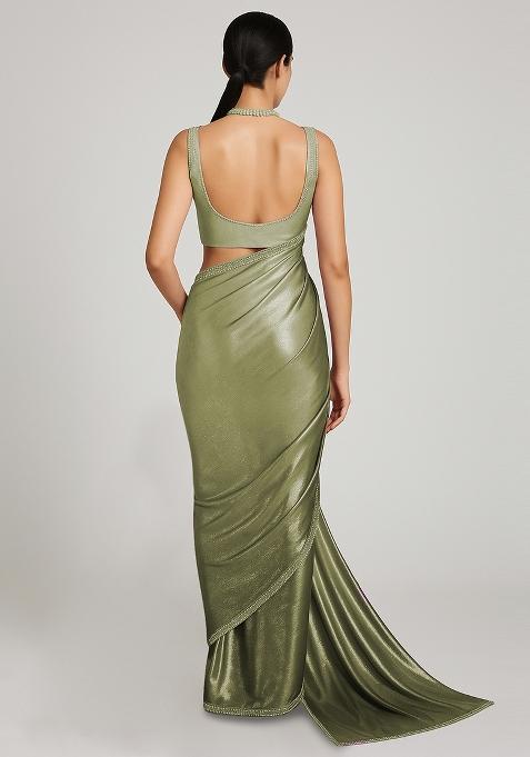 Green And Cream Ombre Shaded With Foil Print Milano Satin Pre Draped Saree Set