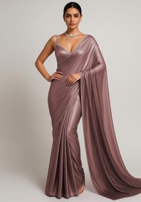 Brown And Peach Ombre Shaded With Foil Print Milano Satin Pre Draped Saree Set