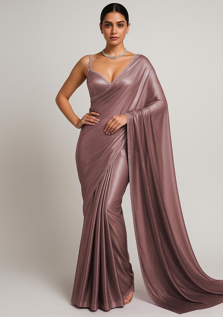 Brown And Peach Ombre Shaded With Foil Print Milano Satin Pre Draped Saree Set