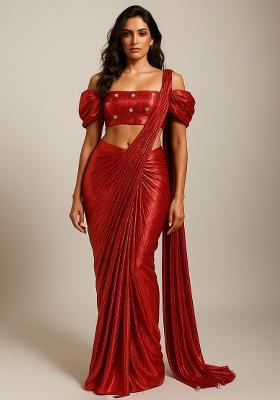 Red Foil Printed Knit Saree Set