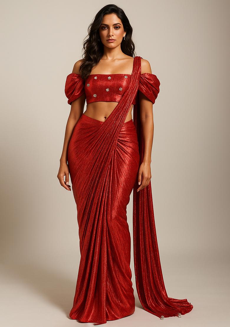 Red Foil Printed Knit Saree Set
