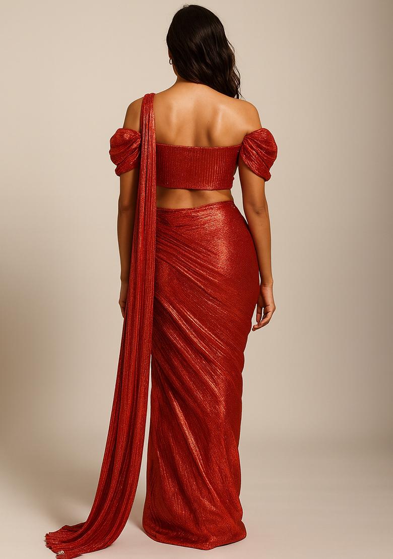 Red Foil Printed Knit Saree Set