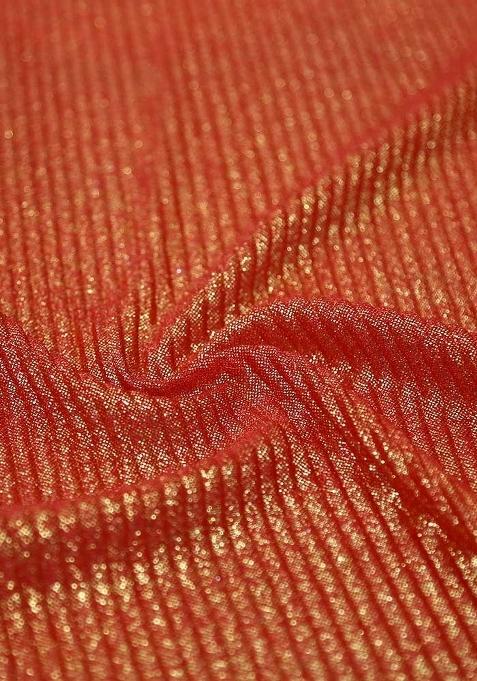 Red Foil Printed Knit Saree Set