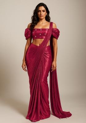 Pink Foil Printed Knit Pre Draped Saree Set