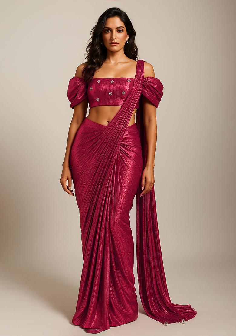 Pink Foil Printed Knit Pre Draped Saree Set