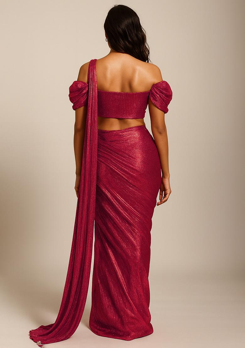 Pink Foil Printed Knit Pre Draped Saree Set
