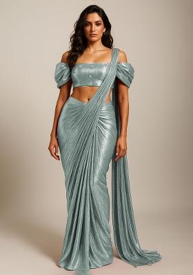 Light Blue Embellished Polyester Saree set