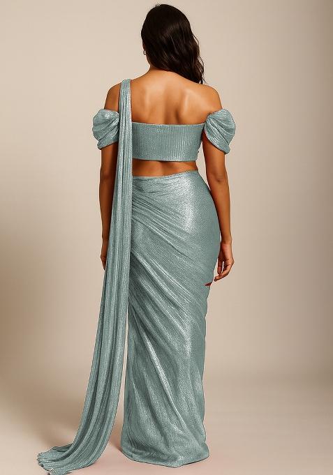 Green Embellished Pre Draped Saree Set