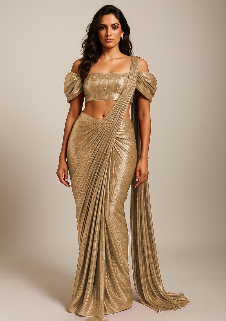 Golden Foil Printed Knit Pre Draped Saree Set