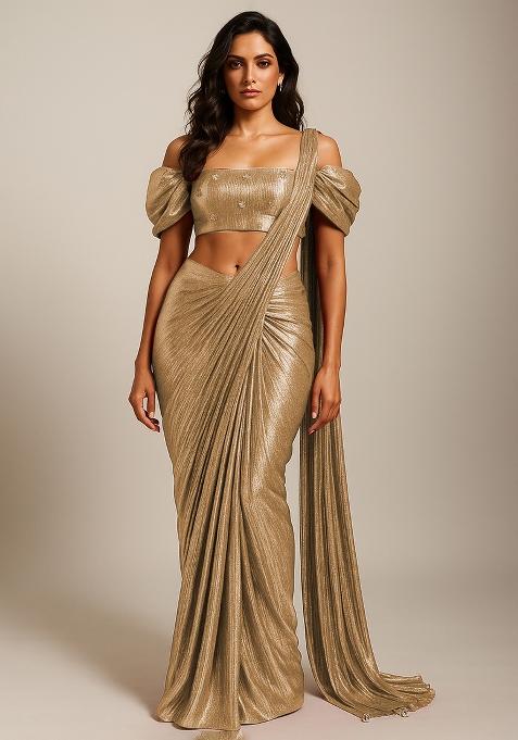 Golden Foil Printed Knit Pre Draped Saree Set