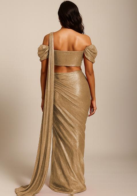 Golden Foil Printed Knit Pre Draped Saree Set