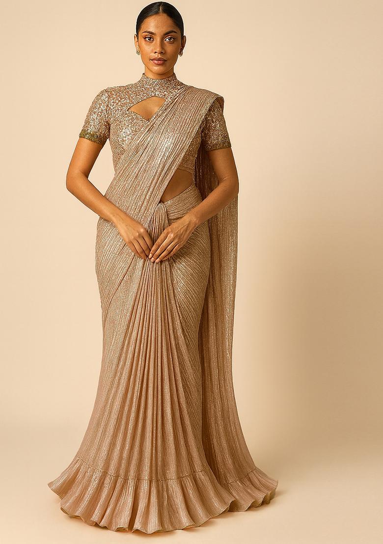 Golden Foil Printed Knit Pre Draped Saree Set