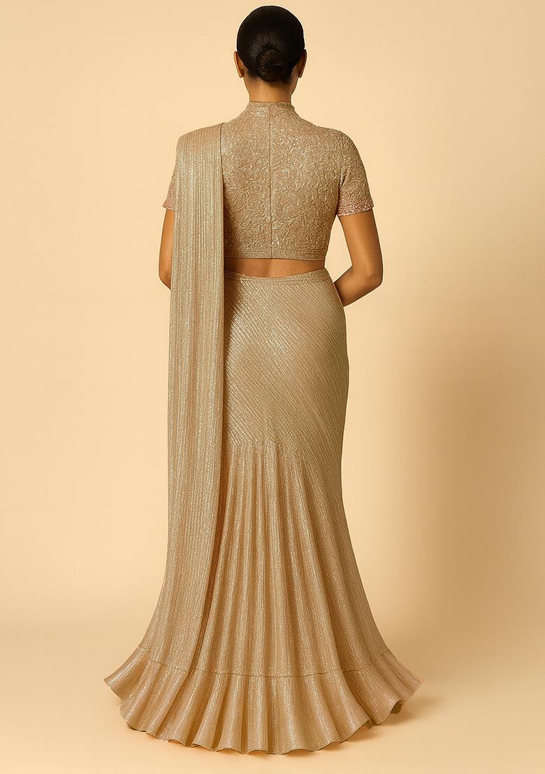 Golden Foil Printed Knit Pre Draped Saree Set