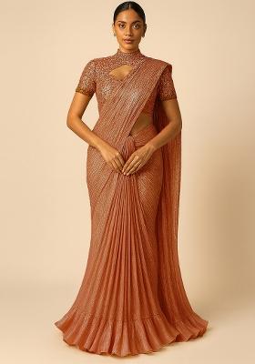 Red Beige Foil Printed Knit Pre Draped Saree Set