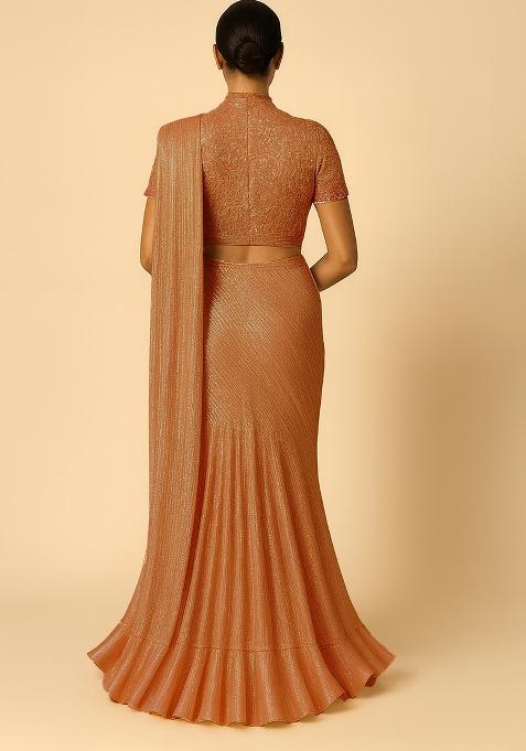 Red Beige Foil Printed Knit Pre Draped Saree Set