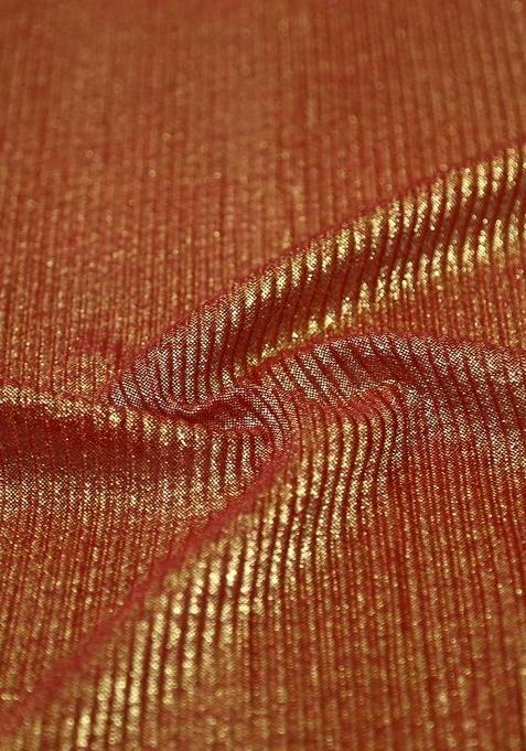 Red Beige Foil Printed Knit Pre Draped Saree Set