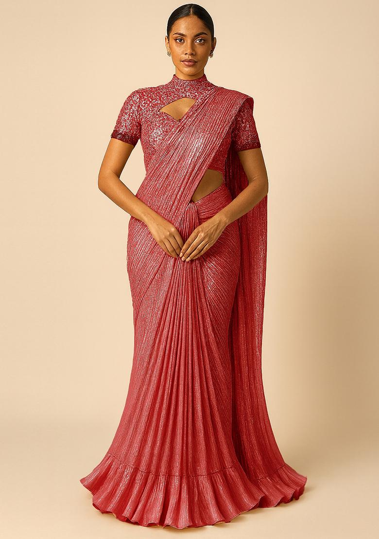 Pink Foil Printed Knit Pre Draped Saree Set