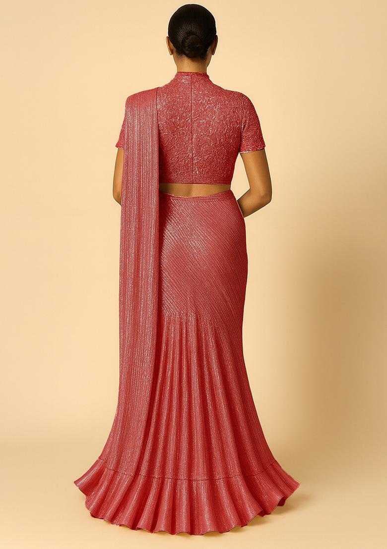 Pink Foil Printed Knit Pre Draped Saree Set