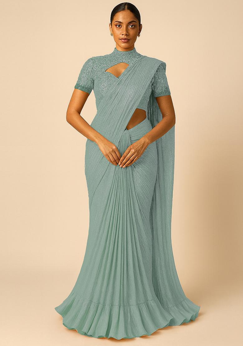 Light Blue Jacquard Knit Pre Draped Saree Set