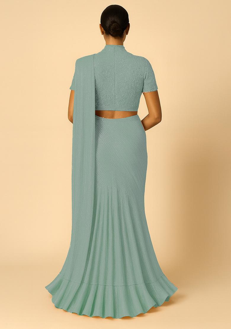 Light Blue Jacquard Knit Pre Draped Saree Set - Indya