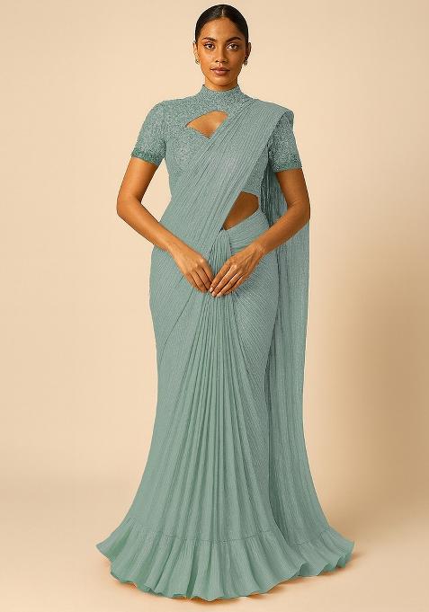 Light Blue Jacquard Knit Pre Draped Saree Set